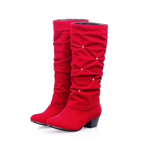 LDXEQIZ Damen Kniehohe Stiefel Mit Strasssteine Wildleder Langschaft Boots Mit Blockabsatz Winter Warm Ritterstiefel Vintage Schlupfstiefel Für Outdoor, Party(Red,40 EU) von LDXEQIZ