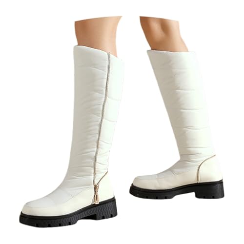 LDXEQIZ Damen Kniehohe Stiefel PU-Leder Wasserdicht Schneestiefel Plateau Langschaft Boots Plüsch Gefüttert Schlupfstiefel Winter rutschfest Warm Baumwollschuhe(White,43 EU) von LDXEQIZ