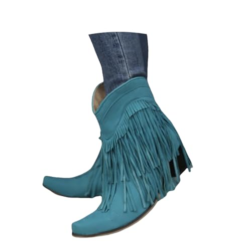 LDXEQIZ Damen Kurz Stiefel Mit Absatz Retro Western Cowboy Stiefeletten Mit Fransen Square Toe Wildleder Ankle Boots Slip-on Booties Frauen Freizeit Knöchel Schuhe Für Konzert(Blue,38 EU) von LDXEQIZ