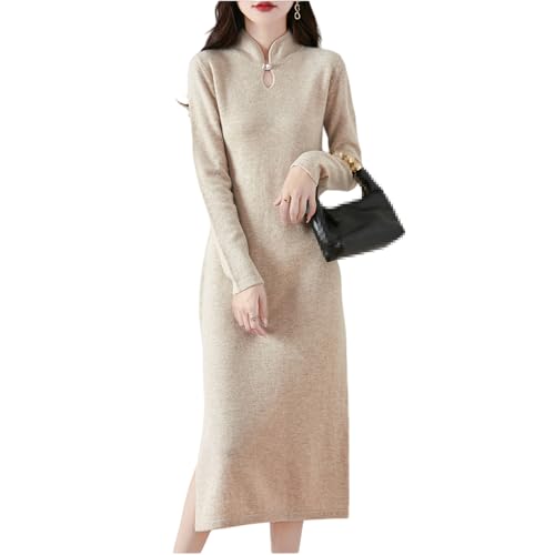 LDXEQIZ Damen Lang Pulloverkleid Langarm Rollkragen Wolle Strickkleid Herbst Winter Warm Kaschmirk Kleider Elegant Sweater Dress(Beige,M) von LDXEQIZ