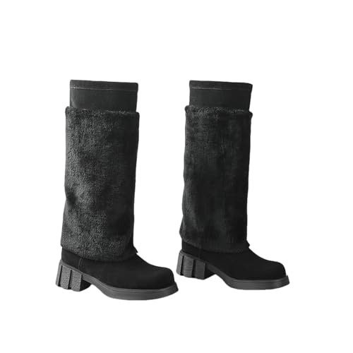 LDXEQIZ Damen Langschaft Boots Herbst Winter Warm Schneestiefel Retro Wildleder Schlupfstiefel Mit Blockabsatz Große Größe Reitstiefel Outdoor Baumwoll Schuhe(Black,36 EU) von LDXEQIZ