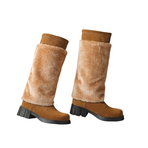 LDXEQIZ Damen Langschaft Boots Herbst Winter Warm Schneestiefel Retro Wildleder Schlupfstiefel Mit Blockabsatz Große Größe Reitstiefel Outdoor Baumwoll Schuhe(Brown,36 EU) von LDXEQIZ