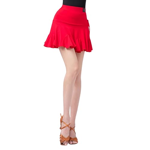 LDXEQIZ Damen Latein Tanzröcke Mit Kordelzug Elastizität Hohe Taille Dance Kurzer Skirt Mit Hose Damen Elegant Tanzkleid Für Cha Cha, Rumba, Salsa, Tango, Jazz, Tanz(Red,L) von LDXEQIZ