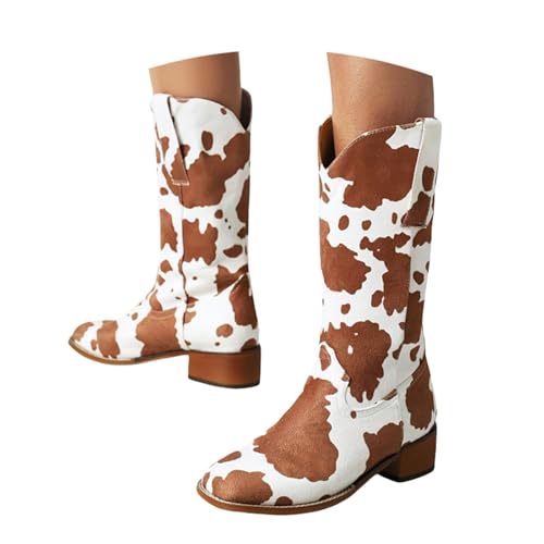 LDXEQIZ Damen Mid Calf Stiefel Mit Kuhdruck Retro Western Cowboy Boots Herbst Winter Wildleder Schlupfstiefel Square Toe Ritterboots Warm Langschaft Schneestiefel Für Outdoor(Brown,39 EU) von LDXEQIZ