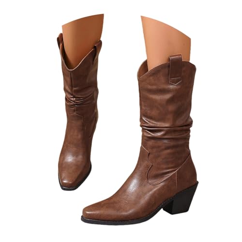 LDXEQIZ Damen Mid Calf Stiefel Square Toe Stiefeletten Retro Western Cowboy Boots Herbst Winter PU-Leder Schlupfstiefel Mit Blockabsatz Warm Plüsch Gefüttert Schneestiefel(Brown,40 EU) von LDXEQIZ