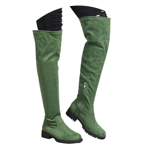 LDXEQIZ Damen Overknee Stiefel Stretch-Wildleder Langschaft Boots Vintage Ritterstiefel Blockabsatz Knöchel Schuhe Winter rutschfest Warm Schneestiefel(Green,41 EU) von LDXEQIZ