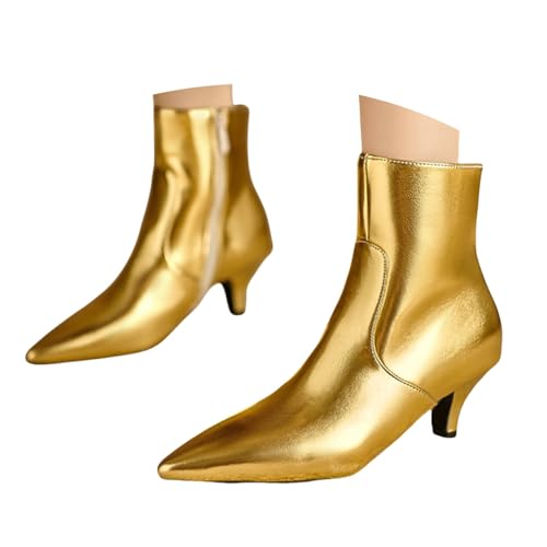 LDXEQIZ Damen PU-Lackleder Stiefeletten 5.5cm Kitten Heel Ankle Boots Fashion Pointed Toe Kurz Stiefel Elegant Chelsea Booties Frühling Knöchel Schuhe(Gold,42 EU) von LDXEQIZ