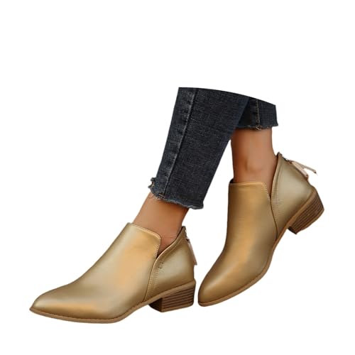 LDXEQIZ Damen Pointed Toe Stiefeletten Klassiker Chelsea Kurz Stiefel Elegant Blockabsatz Ankle Boots PU-Leder Biker Booties Vintage Britischerstil Knöchel Schuhe(Gold,37 EU) von LDXEQIZ