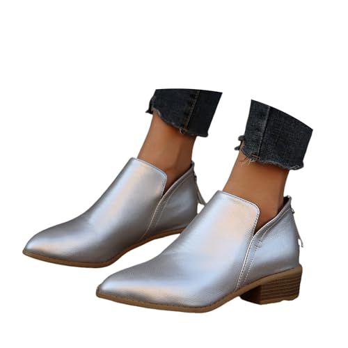 LDXEQIZ Damen Pointed Toe Stiefeletten Klassiker Chelsea Kurz Stiefel Elegant Blockabsatz Ankle Boots PU-Leder Biker Booties Vintage Britischerstil Knöchel Schuhe(Silver,39 EU) von LDXEQIZ