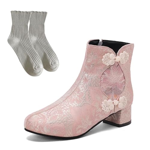 LDXEQIZ Damen Retro Stiefeletten Mit Blumenstickerei Chinesischer Stil Ankle Boots Mit Blockabsatz Warm Plüsch Gefüttert Kurz Stiefel Mit Seitlichem Reißverschluss Elegant Knöchel Schuhe(Pink,42 EU) von LDXEQIZ