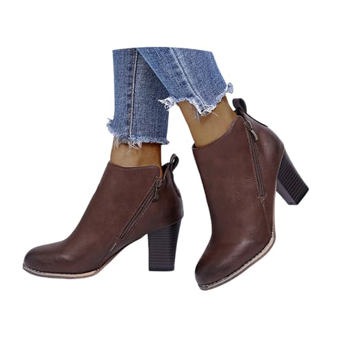 LDXEQIZ Damen Retro Stiefeletten Mit Doppelter Reißverschluss 2025 Frühling Kurz Stiefel Mit Blockabsatz Combat Ankle Boots Große Größe Knöchel Schuhe PU-Leder Biker Booties(Brown,39 EU) von LDXEQIZ