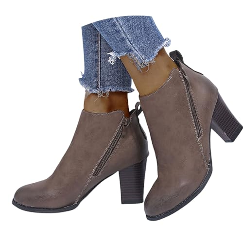 LDXEQIZ Damen Retro Stiefeletten Mit Doppelter Reißverschluss 2025 Frühling Kurz Stiefel Mit Blockabsatz Combat Ankle Boots Große Größe Knöchel Schuhe PU-Leder Biker Booties(Gray,40 EU) von LDXEQIZ