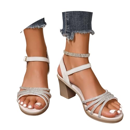 LDXEQIZ Damen Sandalen Mit Absatz Elegant Sandaletten Mit Strass Pumps 2025 Sommer Offene Zehen Slingback High Heel Party Abendschuhe Für Hochzeiten(White,38 EU) von LDXEQIZ