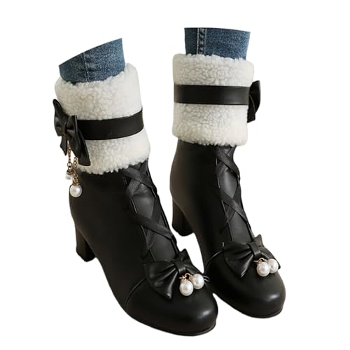 LDXEQIZ Damen Schneestiefel mit Plüschkragen süß Stiefeletten mit Schleife+Perle 5cm Blockabsatz Ankle Boots,Herbst Winter PU-Leder Booties mit Reißverschluss Elegant Knöchel Schuhe(Black,41 EU) von LDXEQIZ