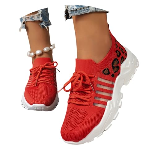 LDXEQIZ Damen Schnür-Sneaker 2025 Frühling Sommer Strick Mesh Atmungsaktiv Sportschuhe Leopardenmuster Walkingschuhe Leichte Plateau Laufschuhe Casual Turnschuhe(Red,41 EU) von LDXEQIZ