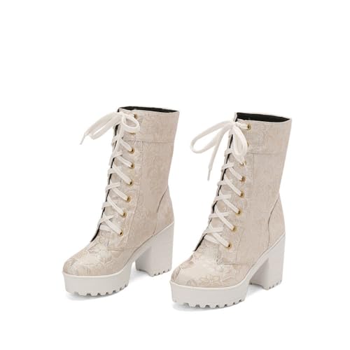 LDXEQIZ Damen Schnürstiefel Retro Blumendrucke Stiefeletten Plateau Ankle Boots Mit Blockabsatz Elegant Braut Booties 2025 Neu Knöchel Schuhe Für Outdoor, Party,Hochzeit(Beige,36 EU) von LDXEQIZ