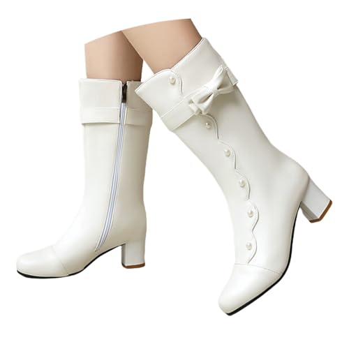 LDXEQIZ Damen Stiefeletten 2024 Neu Kurz Stiefel Mit Schleife+Perle Elegant Ankle Boots Mit 5cm Blockabsatz Herbst Winter PU-Leder Booties Mit Reißverschluss,Lässige Knöchel Schuhe(White,36 EU) von LDXEQIZ