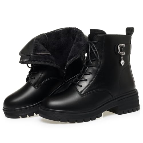 LDXEQIZ Damen Winterstiefeletten Plateau Ankle Boots Bequeme Warm Plüsch Gefüttert Schneestiefel PU-Leder Wasserdicht rutschfest Baumwollschuhe Für Outdoor(Black,40 EU) von LDXEQIZ