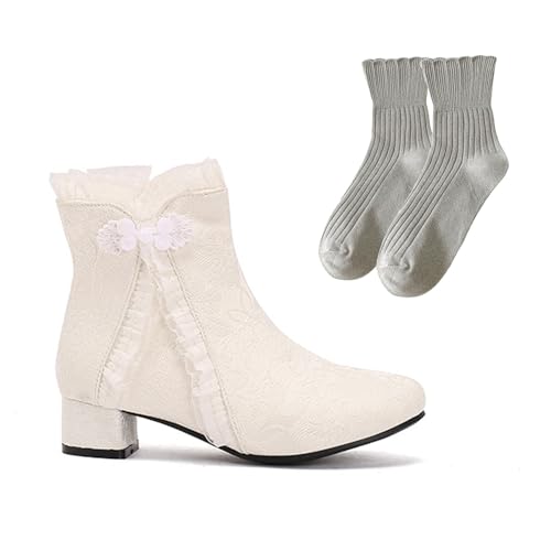 LDXEQIZ Elegant Stiefeletten Mit Schnalle Damen Retro Ankle Boots Mit Blumenstickerei Herbst Winter Kurz Stiefel Mit Spitzenrüsche Party Knöchel Schuhe Mit Blockabsatz(Beige,36 EU) von LDXEQIZ