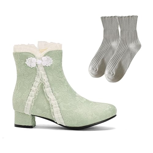 LDXEQIZ Elegant Stiefeletten Mit Schnalle Damen Retro Ankle Boots Mit Blumenstickerei Herbst Winter Kurz Stiefel Mit Spitzenrüsche Party Knöchel Schuhe Mit Blockabsatz(Green,42 EU) von LDXEQIZ