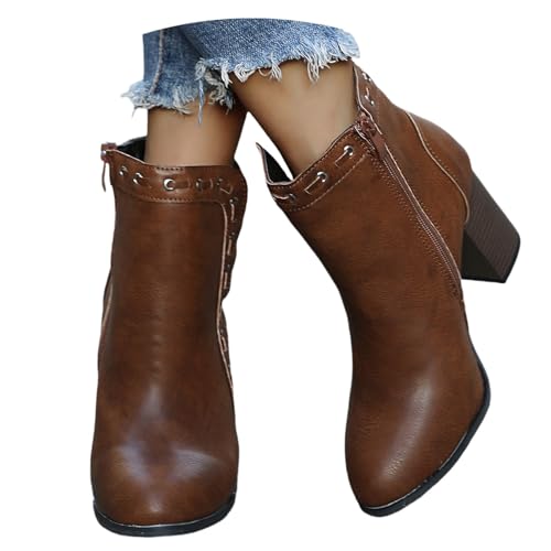 LDXEQIZ Frühling Kurz Stiefel Damen Vintage Combat Ankle Boots Elegant Stiefeletten Mit Blockabsatz PU-Leder Booties Mit Reißverschluss Große Größe Knöchel Schuhe Für Outdoor, Party(Brown,43 EU) von LDXEQIZ