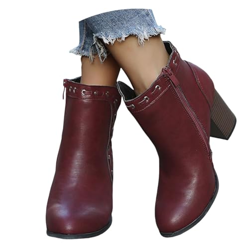 LDXEQIZ Frühling Kurz Stiefel Damen Vintage Combat Ankle Boots Elegant Stiefeletten Mit Blockabsatz PU-Leder Booties Mit Reißverschluss Große Größe Knöchel Schuhe Für Outdoor, Party(Red,43 EU) von LDXEQIZ