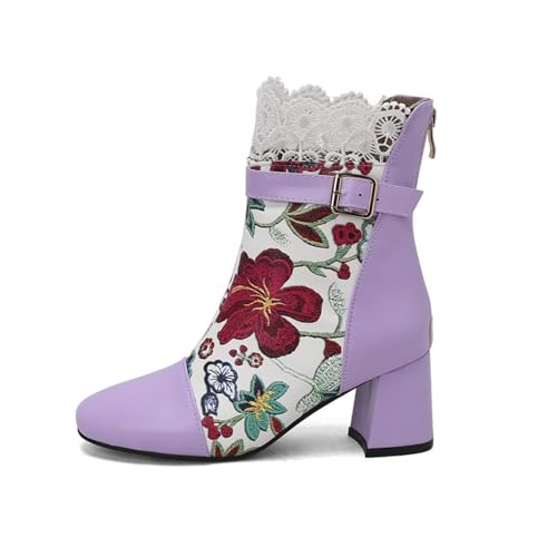 LDXEQIZ Frühling Kurz Stiefel Damen Vintage Stiefeletten Mit Blumendruck Elegant Chelsea Booties Mit Blockabsatz PU-Leder Ankle Boots Mit Schnalle Große Größe Knöchel Schuhe Für Party(Purple,39 EU) von LDXEQIZ