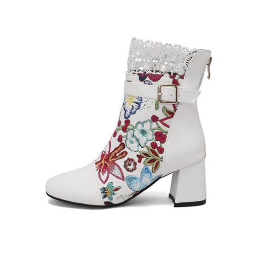 LDXEQIZ Frühling Kurz Stiefel Damen Vintage Stiefeletten Mit Blumendruck Elegant Chelsea Booties Mit Blockabsatz PU-Leder Ankle Boots Mit Schnalle Große Größe Knöchel Schuhe Für Party(White,37 EU) von LDXEQIZ