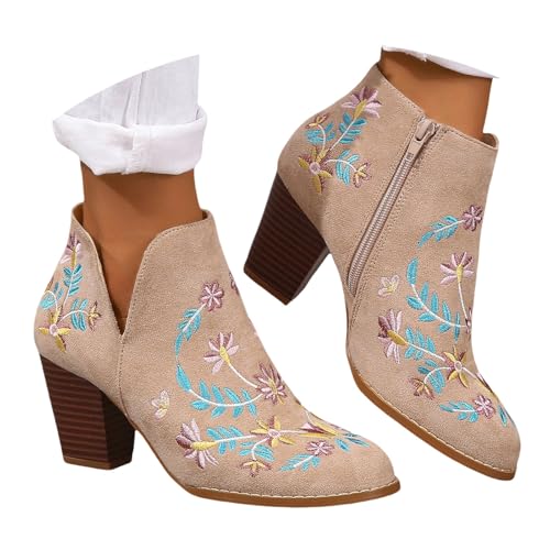 LDXEQIZ Frühling Stiefeletten Damen Vintage Kurz Stiefel Mit Blumenstickerei Elegant Blockabsatz Ankle Boots Wildleder Booties Mit Seitlichem Reißverschluss Casual Knöchel Schuhe(Beige,36 EU) von LDXEQIZ