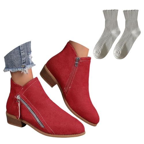 LDXEQIZ Frühling Stiefeletten Mit Blockabsatz Damen Vintage Wildleder Kurz Stiefel 2024 Neu Ankle Boots Mit Doppelter Reißverschluss Casual Chelsea Knöchel Schuhe Für Hochzeit(Red,36 EU) von LDXEQIZ