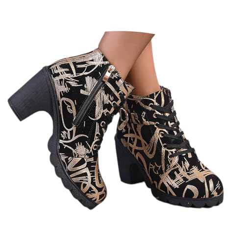 LDXEQIZ Gotisch Kurz Stiefel Mit Blockabsatz 2024 Neu Stiefeletten Mit Schnalle Vintage-Druck Ankle Boots Warm Plüsch Gefüttert Schnürstiefel Freizeit Knöchel Schuhe Für Outdoor, Party(Gold,40 EU) von LDXEQIZ