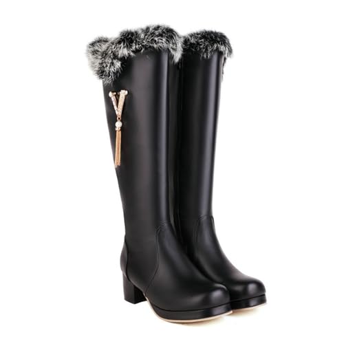 LDXEQIZ Herbst Winter Hohe Stiefel Damen Blockabsatz Langschaft Boots PU-Leder Ritterstiefel Warm Plüsch Gefüttert Schneestiefel Frauen Baumwoll Schuhe Mit Strasssteine Für Party(Black,37 EU) von LDXEQIZ