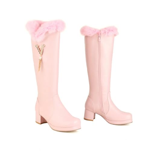 LDXEQIZ Herbst Winter Hohe Stiefel Damen Blockabsatz Langschaft Boots PU-Leder Ritterstiefel Warm Plüsch Gefüttert Schneestiefel Frauen Baumwoll Schuhe Mit Strasssteine Für Party(Pink,42 EU) von LDXEQIZ