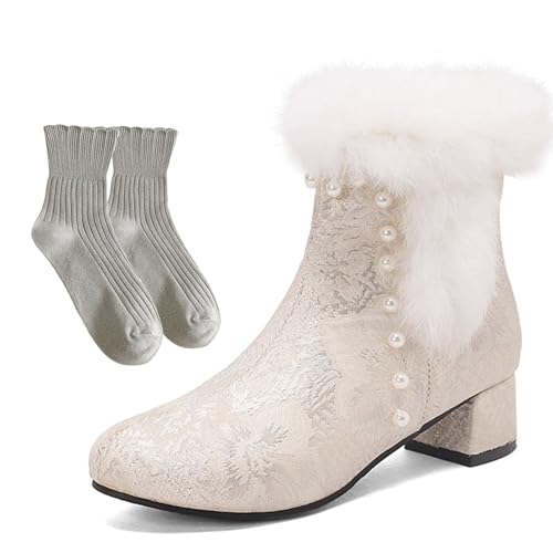 LDXEQIZ Herbst Winter Kurz Stiefel Mit Perle Damen Warm Plüsch Gefüttert Stiefeletten Elegant Ankle Boots Mit Blockabsatz Retro Schneestiefel Mit Blumenstickerei Freizeit Knöchel Schuhe(Beige,36 EU) von LDXEQIZ