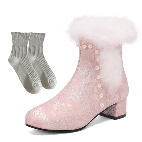 LDXEQIZ Herbst Winter Kurz Stiefel Mit Perle Damen Warm Plüsch Gefüttert Stiefeletten Elegant Ankle Boots Mit Blockabsatz Retro Schneestiefel Mit Blumenstickerei Freizeit Knöchel Schuhe(Pink,41 EU) von LDXEQIZ