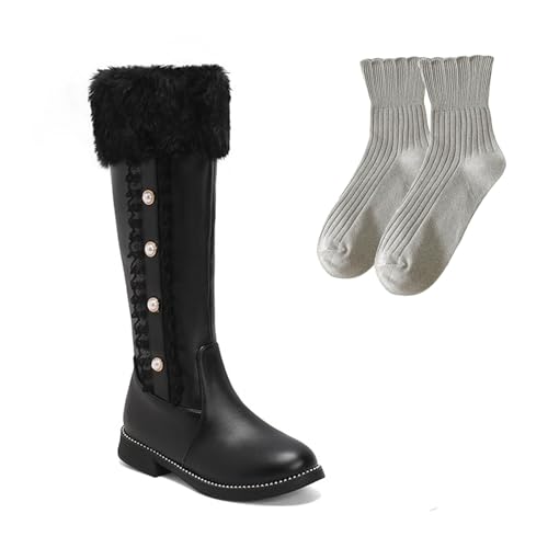 LDXEQIZ Hohe Stiefel Mit Plüschkragen Damen Langschaft Boots Mit Perle Warm Plüsch Gefüttert Schneestiefel Mit Reißverschluss Herbst Winter PU-Leder Schuhe Für Outdoor, Party(Black,43 EU) von LDXEQIZ