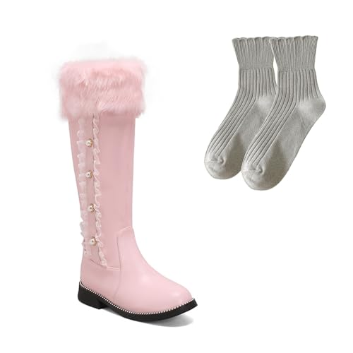 LDXEQIZ Hohe Stiefel Mit Plüschkragen Damen Langschaft Boots Mit Perle Warm Plüsch Gefüttert Schneestiefel Mit Reißverschluss Herbst Winter PU-Leder Schuhe Für Outdoor, Party(Pink,38 EU) von LDXEQIZ