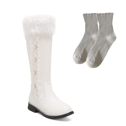 LDXEQIZ Hohe Stiefel Mit Plüschkragen Damen Langschaft Boots Mit Perle Warm Plüsch Gefüttert Schneestiefel Mit Reißverschluss Herbst Winter PU-Leder Schuhe Für Outdoor, Party(White,41 EU) von LDXEQIZ