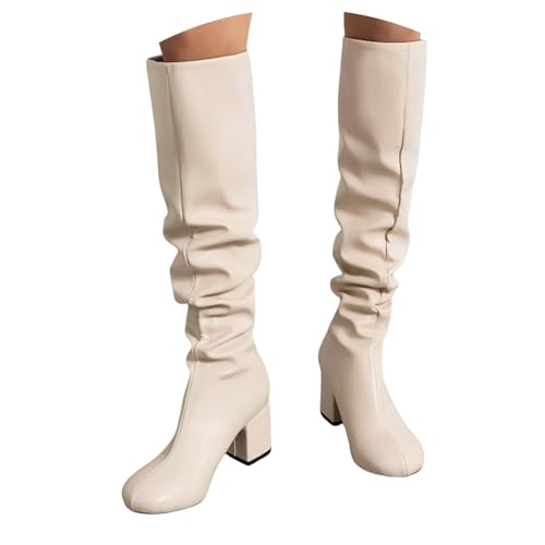 LDXEQIZ Kniehohe Stiefel Für Damen PU-Leder Falten Schlupfstiefel Blockabsatz Round Toe Langschaft Boots Retro Cowgirl Stiefel Herbst Winter Ritterstiefel(Beige,39 EU) von LDXEQIZ