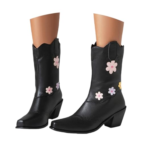 LDXEQIZ Kurz Stiefel Mit Blumen Damen Retro Western Cowboy Boots PU-Leder Stiefeletten Mit Blockabsatz Herbst Winter Square Toe Booties Lässige Knöchel Schuhe Für Outdoor, Party,Konzert(Black,42 EU) von LDXEQIZ