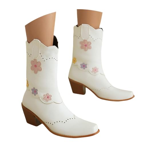 LDXEQIZ Kurz Stiefel Mit Blumen Damen Retro Western Cowboy Boots PU-Leder Stiefeletten Mit Blockabsatz Herbst Winter Square Toe Booties Lässige Knöchel Schuhe Für Outdoor, Party,Konzert(White,42 EU) von LDXEQIZ