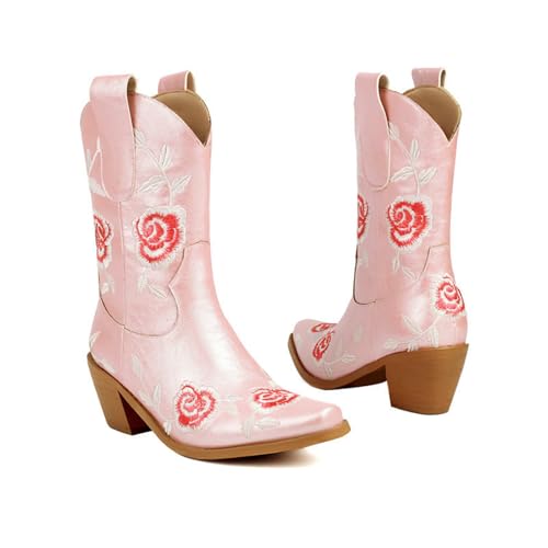 LDXEQIZ Kurz Stiefel Mit Blumenstickerei Damen Retro Western Cowboy Boots PU-Leder Stiefeletten Mit Blockabsatz Square Toe Booties Große Größe Knöchel Schuhe Für Outdoor, Party,Konzert(Pink,37 EU) von LDXEQIZ