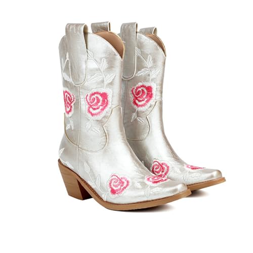 LDXEQIZ Kurz Stiefel Mit Blumenstickerei Damen Retro Western Cowboy Boots PU-Leder Stiefeletten Mit Blockabsatz Square Toe Booties Große Größe Knöchel Schuhe Für Outdoor, Party,Konzert(Silver,36 EU) von LDXEQIZ