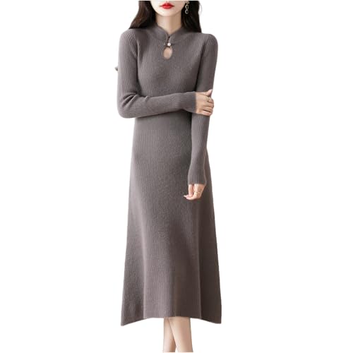 LDXEQIZ Lang Kaschmirkleider Damen Einfarbig Rundhalsausschnitt Langarm Wolle Strickkleid Herbst Winter Elegant Warm Sweater Dress Für Party(Gray,XX-Large) von LDXEQIZ