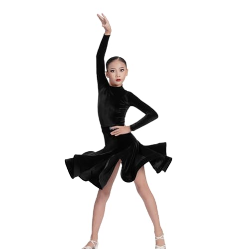 LDXEQIZ Mädchen Latein Tanzkleid Kinder Gesellschaftstanz Dress Für Ballroom Samt Langarm Wettkampfkostüme Für Samba, Tango, Rumba, Cha-Cha,Salsa,Professioneller Tanz-Übungsröckchen(Black,140) von LDXEQIZ