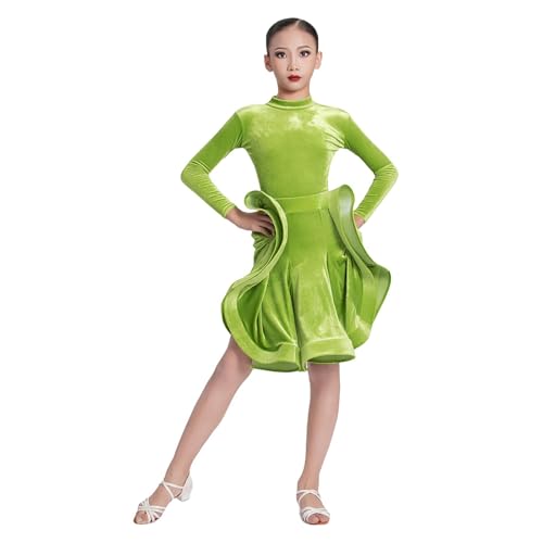 LDXEQIZ Mädchen Latein Tanzkleid Kinder Gesellschaftstanz Dress Für Ballroom Samt Langarm Wettkampfkostüme Für Samba, Tango, Rumba, Cha-Cha,Salsa,Professioneller Tanz-Übungsröckchen(Green,120) von LDXEQIZ