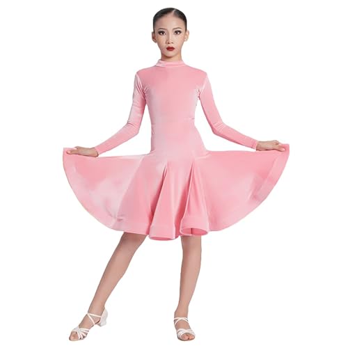 LDXEQIZ Mädchen Latein Tanzkleid Kinder Gesellschaftstanz Dress Für Ballroom Samt Langarm Wettkampfkostüme Für Samba, Tango, Rumba, Cha-Cha,Salsa,Professioneller Tanz-Übungsröckchen(Pink,130) von LDXEQIZ