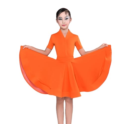 LDXEQIZ Mädchen Latein Tanzkleid Kinder V-Ausschnitt Kurzarm Tanzkostüm Für Wettbewerbs,Gesellschaftstanz Professioneller Tanzkleidung Für Samba, Tango, Rumba, Cha-Cha,Salsa(Orange,110) von LDXEQIZ