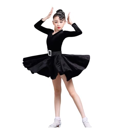 LDXEQIZ Mädchen Latin Tanzkleid Mit Strassgürtel Samt V-Ausschnitt Langarm Tanzkostüm, Kinder Cha Cha Samba Rumba Tango Wettkampftanzbekleidung(Black,130) von LDXEQIZ