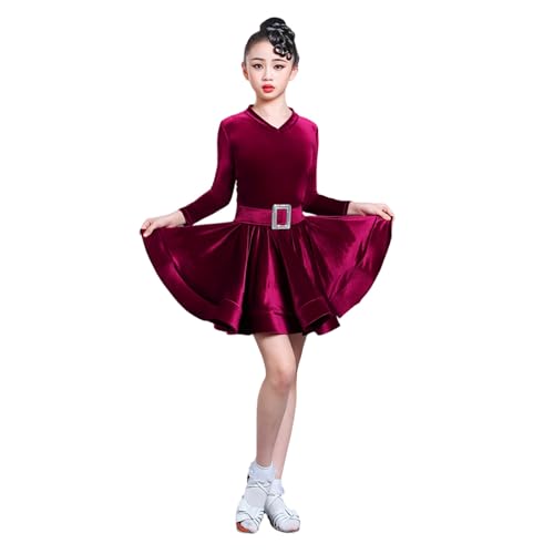 LDXEQIZ Mädchen Latin Tanzkleid Mit Strassgürtel Samt V-Ausschnitt Langarm Tanzkostüm, Kinder Cha Cha Samba Rumba Tango Wettkampftanzbekleidung(Red,160) von LDXEQIZ